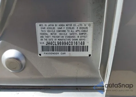 2004 Acura Tsx from USA, damaged, VIN JH4CL96994C016148